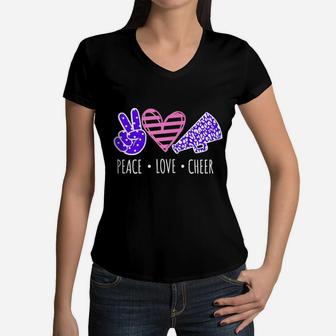 Peace Love Cheer Cheerleader Teen Girls Funny Cheerleading Women V-Neck T-Shirt | Crazezy CA