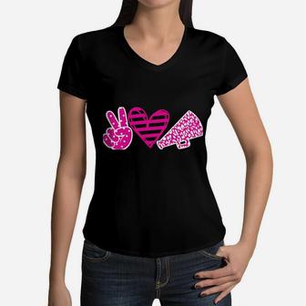 Peace Love Cheer Cheerleader Teen Girls Funny Cheerleading Women V-Neck T-Shirt | Crazezy DE