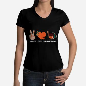 Peace Love Thanksgiving Turkey Shirt Women Kids Turkey Lover Women V-Neck T-Shirt | Crazezy