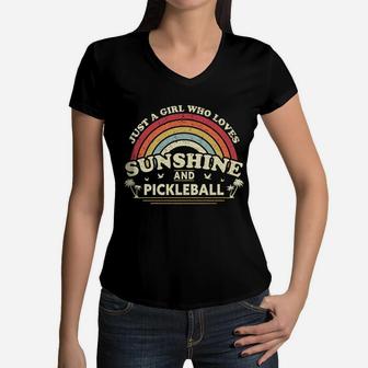 Pickleball Shirt A Girl Who Loves Sunshine And Pickleball Sweatshirt Women V-Neck T-Shirt | Crazezy