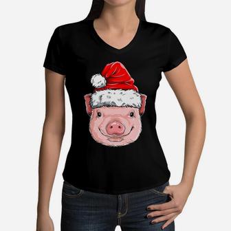 Pig Christmas Santa Hat Xmas Farmer Boys Kids Girls Farm Women V-Neck T-Shirt | Crazezy CA