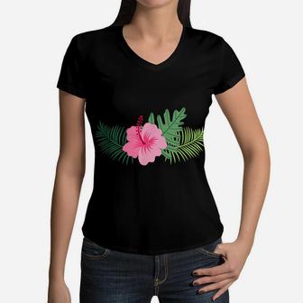 Pink Hibiscus Flower Men Women And Kids Styles Women V-Neck T-Shirt | Crazezy AU