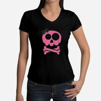 Pink Skull And Crossbones Girl Pirate Women V-Neck T-Shirt - Thegiftio