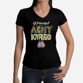 Proud Army Boyfriend Shirt Camo Military Dog Tag Lover Gift Women V-Neck T-Shirt | Crazezy