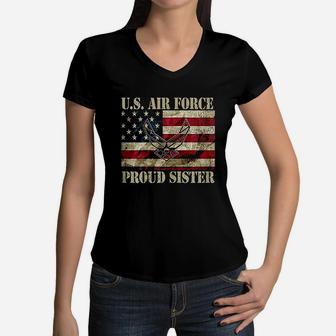 Proud Sister Us Air Force Vintage Usa Flag Retro Girls Women V-Neck T-Shirt | Crazezy UK