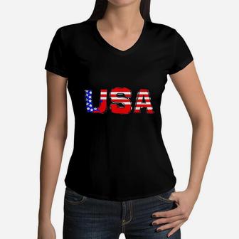 Proud USA American Flag Gift For Americans Women V-Neck T-Shirt - Seseable