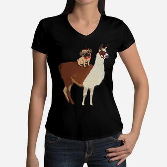 Pug Riding Llama Funny Pugdog Christmas Boys Girls Dog Lover Sweatshirt Women V-Neck T-Shirt | Crazezy