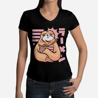 Ramen Noodles Sloth 90S Kawaii Anime Girl Japanese Aesthetic Women V-Neck T-Shirt | Crazezy DE