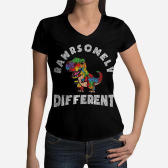 Rawrsomely Different Dinosaur Autistic Kid Autism Awareness Women V-Neck T-Shirt | Crazezy UK