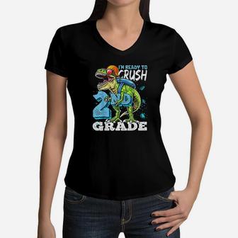 Ready To Crush 2Nd Grade T Rex Dinosaur Back To School Boys Women V-Neck T-Shirt | Crazezy