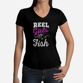 Reel Girls Fish Funny Fishing Women V-Neck T-Shirt | Crazezy