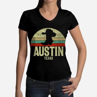 Retro Austin Texas Cowboy Hat On Cowboy Boot Vintage Sweatshirt Women V-Neck T-Shirt | Crazezy