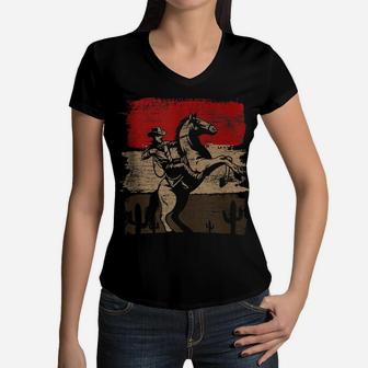 Retro Horse Riding Western Cowboy Women V-Neck T-Shirt | Crazezy CA
