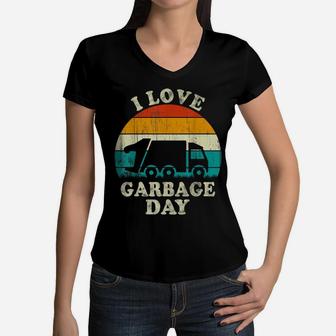 Retro Vintage Recycling Trash Kids I Love Garbage Day Truck Women V-Neck T-Shirt | Crazezy