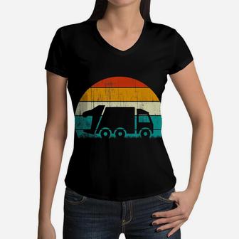 Retro Vintage Sunset Recycling Trash Kids Garbage Truck Women V-Neck T-Shirt | Crazezy