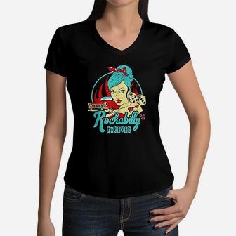 Rockabilly Pin Up Girl Women V-Neck T-Shirt | Crazezy AU