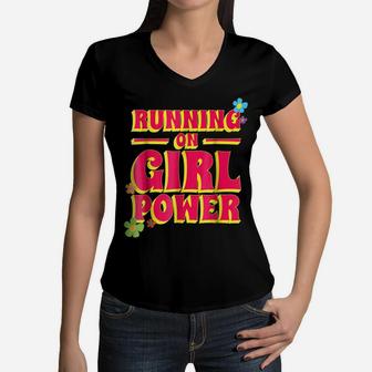 Running On Girl Power Tshirt Young Feminist Flower Power Women V-Neck T-Shirt | Crazezy