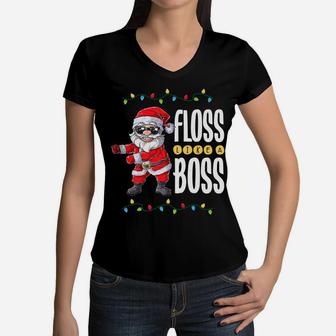 Santa Floss Like A Boss Christmas Boys Kids Xmas Flossing Women V-Neck T-Shirt | Crazezy UK