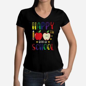 School Girls Boys Student Kids Happy 100Th Day Of School Women V-Neck T-Shirt | Crazezy AU