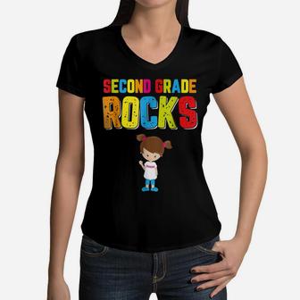 Second Grade Rocks Back To School Shirt Student Teacher Girl Women V-Neck T-Shirt | Crazezy DE