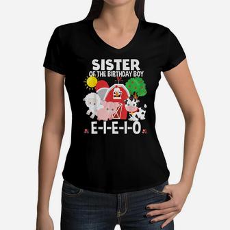 Sister Birthday Boy Old Macdonald Birthday Party Matching Women V-Neck T-Shirt | Crazezy AU