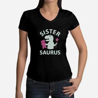 Sister Saurus Gift For Big Sister Girls Women V-Neck T-Shirt | Crazezy UK