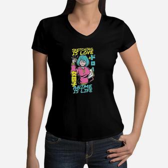 Sketching Is Love Is Life Cute Girl Artist Gift Women V-Neck T-Shirt | Crazezy DE