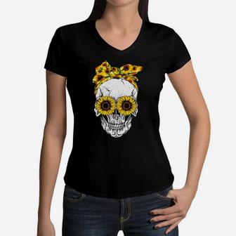 Skull Sunflower Girl With Tattoos Pretty Eyes And Thick Thighs Women V-Neck T-Shirt - Monsterry