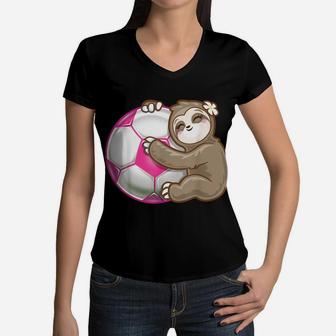 Sloth Hug Pink Sport Ball Girls Soccer Football Love Women V-Neck T-Shirt | Crazezy DE