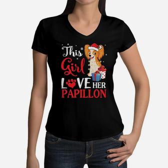 Snow And Xmas Gifts This Girl Love Her Papillon Noel Costume Women V-Neck T-Shirt - Monsterry