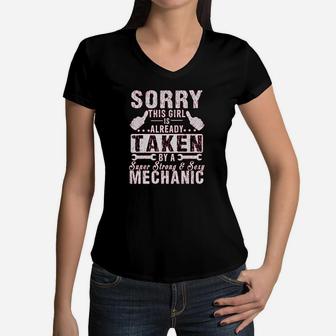 Sorry This Girl Is Already Taken By A Mechanic Wife Gift Women V-Neck T-Shirt | Crazezy