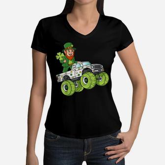 St Patricks Day Leprechaun Monster Truck Lucky Boys Kids Women V-Neck T-Shirt | Crazezy
