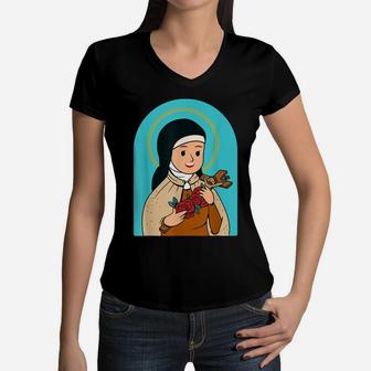 St Therese Of Lisieux Kids Little Flower Catholic Saint Soul Women V-Neck T-Shirt | Crazezy