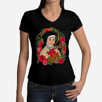 St Therese Of Lisieux Kids Little Flower Rose Catholic Saint Women V-Neck T-Shirt | Crazezy