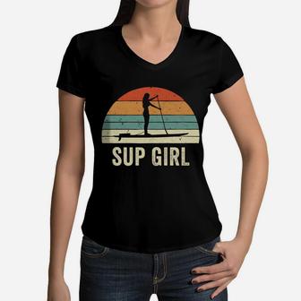 Stand Up Paddle Board Woman On Sup Girl Retro Vintage Style Women V-Neck T-Shirt | Crazezy UK