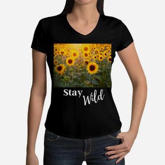Stay Wild Spring Sunflower Country Girl Live Wild Flower Tee Women V-Neck T-Shirt | Crazezy