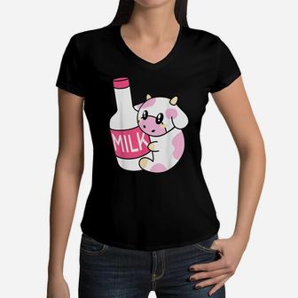 Strawberry Milk Kawaii Cow Cute Kids Teens Gift Women V-Neck T-Shirt | Crazezy DE