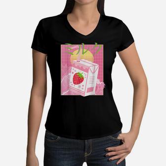 Strawberry Milk Shake Cartoon Retro 90S Japanese Kawaii Kids Women V-Neck T-Shirt | Crazezy CA