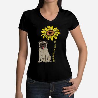 Sunflower Sunshine Pug Cute Animal Pet Dog Women Girls Gift Women V-Neck T-Shirt | Crazezy