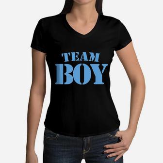 Team Boy Baby Shower Gender Reveal Party Cute Funny Blue Women V-Neck T-Shirt | Crazezy CA