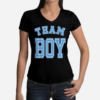 Team Boy Gender Reveal Party Baby Shower Cute Funny Blue Women V-Neck T-Shirt | Crazezy DE