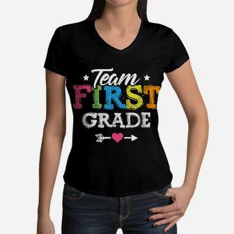 Team First Grade Shirt Teacher Student Back To School Kids Women V-Neck T-Shirt | Crazezy CA