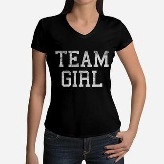 Team Girl Baby Shower Gender Reveal Party Women V-Neck T-Shirt | Crazezy