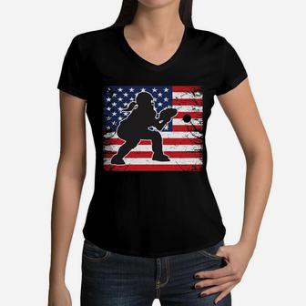 Teen Girl Softball Catcher Distressed Usa Flag Team Gift Women V-Neck T-Shirt | Crazezy