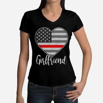 Thin Red Line Us Flag Heart Firefighter's Girlfriend Gift Women V-Neck T-Shirt | Crazezy