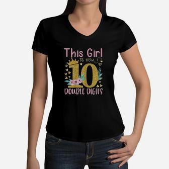 This Girl Is Now 10 Double Digits 10Th Birthday Gift Women V-Neck T-Shirt | Crazezy DE