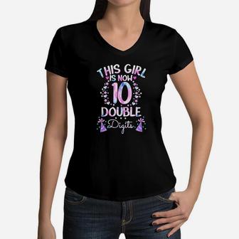 This Girl Is Now 10 Double Digits Tie Dye 10Th Birthday Gift Women V-Neck T-Shirt | Crazezy DE