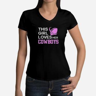 This Girl Loves Her Cowboys Cute Texas Dallas Women V-Neck T-Shirt - Thegiftio UK