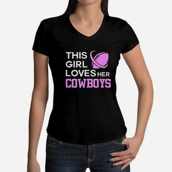 This Girl Loves Her Cowboys Women V-Neck T-Shirt | Crazezy UK