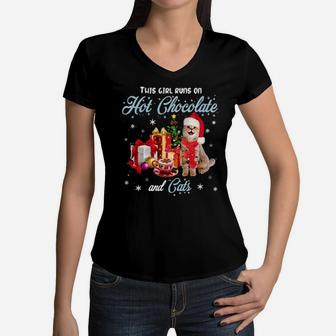 This Girl Runs On Hot Chocolate And Cats Women V-Neck T-Shirt - Monsterry DE